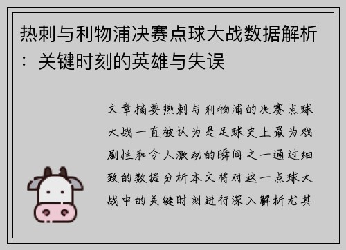 热刺与利物浦决赛点球大战数据解析：关键时刻的英雄与失误